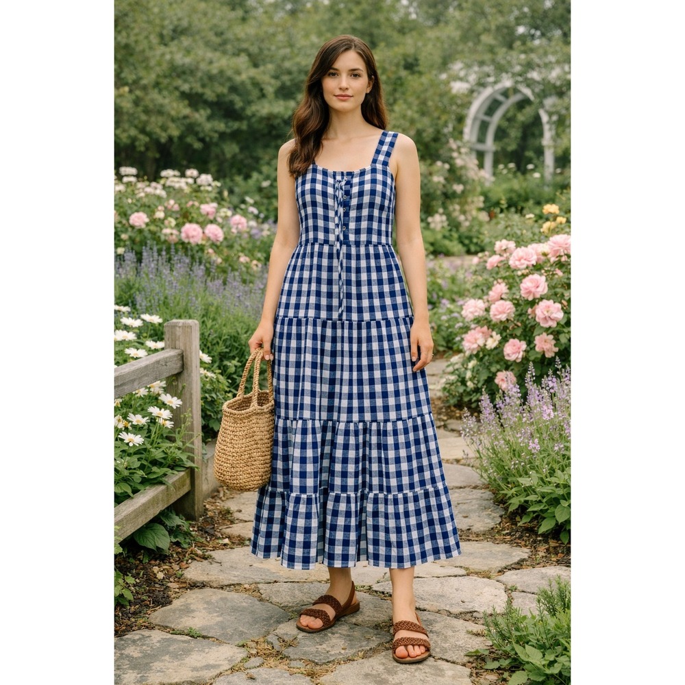 Gingham Tiered  Maxi Dress Womens Small Navy White Linen Blend Cottage Country